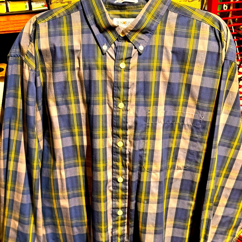 Sun River Clothing Co. Blue and Yellow Plaid Long-sleeved Shirt